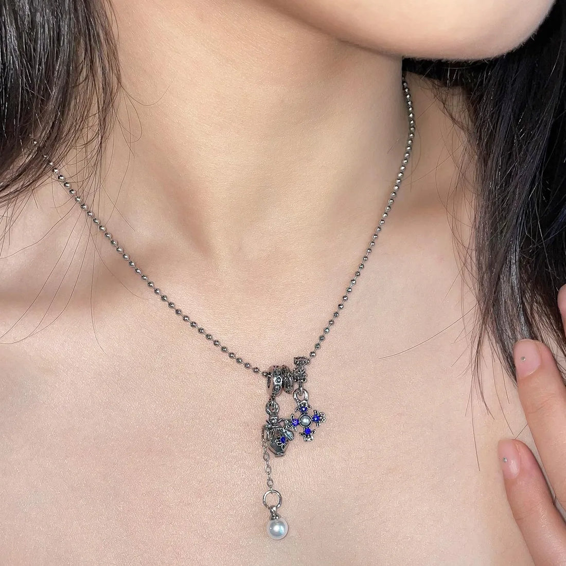 Accessories Blue Cross Pendant Ballpoint Necklace