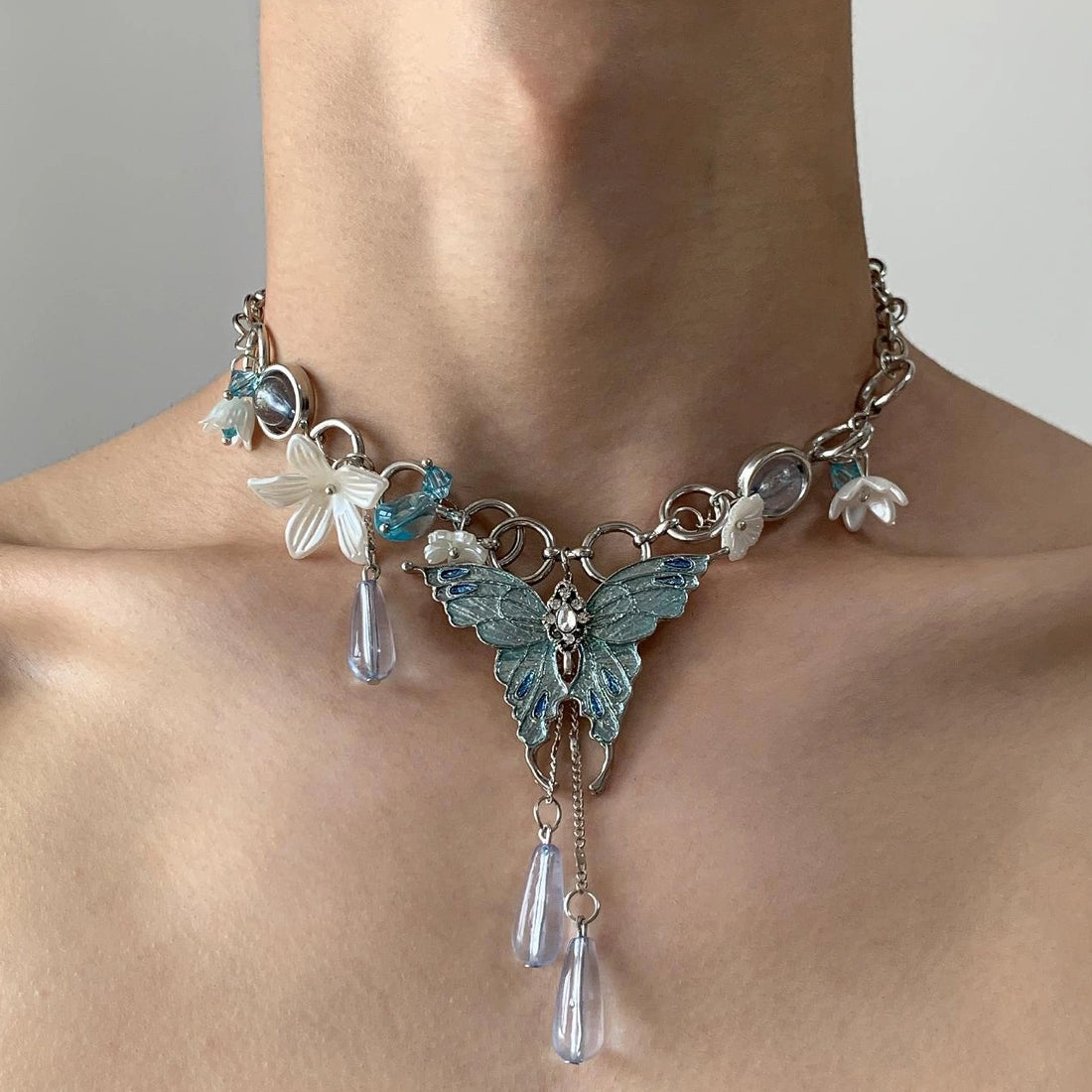Accessories Blue Crystal Butterfly Flower Choker Necklace