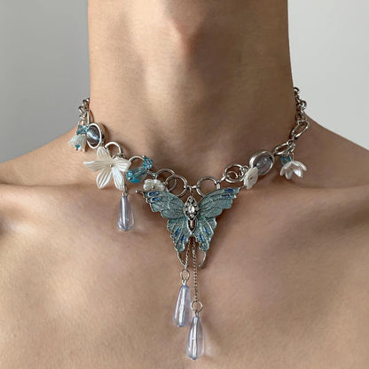 Accessories Blue Crystal Butterfly Flower Choker Necklace