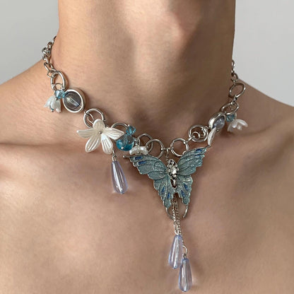 Accessories Blue Crystal Butterfly Flower Choker Necklace