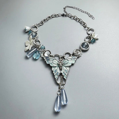 Accessories Blue Crystal Butterfly Flower Choker Necklace