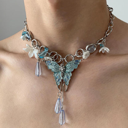 Accessories Blue Crystal Butterfly Flower Choker Necklace