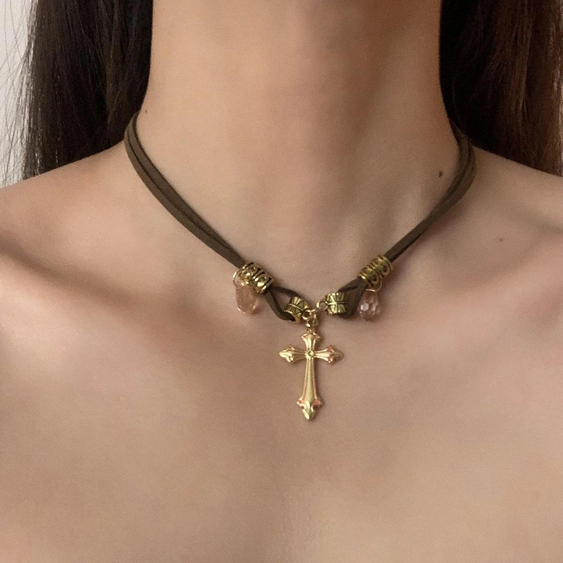 Accessories Brown Cross Double Layer Choker Necklace