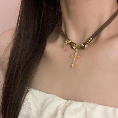 Accessories Brown Cross Double Layer Choker Necklace