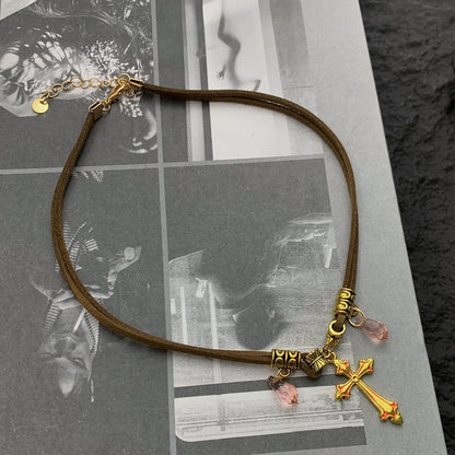 Accessories Brown Cross Double Layer Choker Necklace