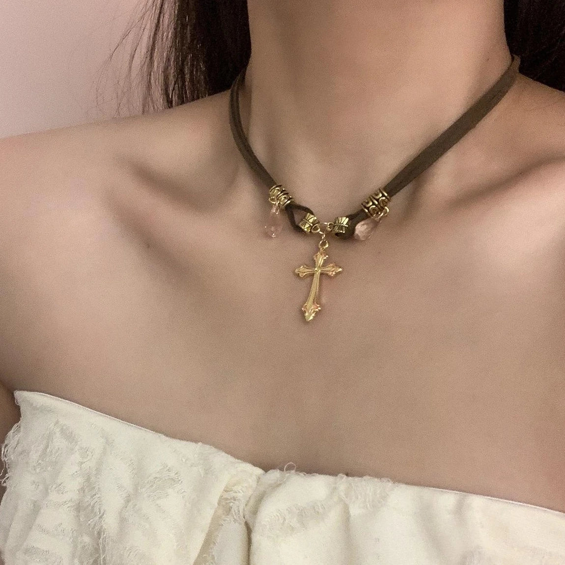 Accessories Brown Cross Double Layer Choker Necklace