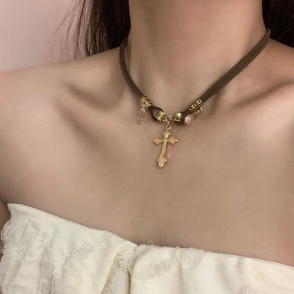 Accessories Brown Cross Double Layer Choker Necklace