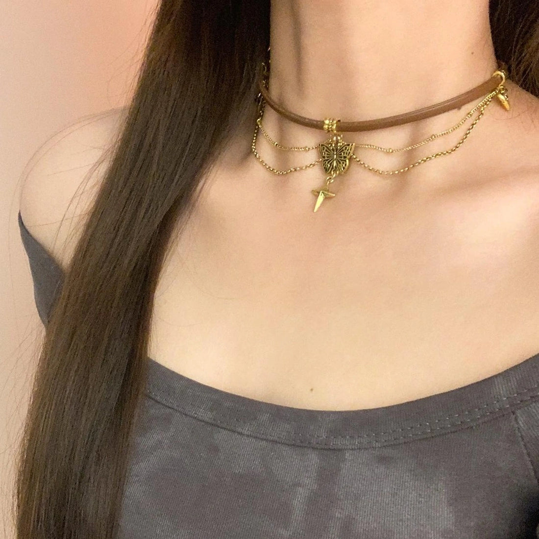 Accessories Brown Leather Butterfly Lariat Choker Necklace