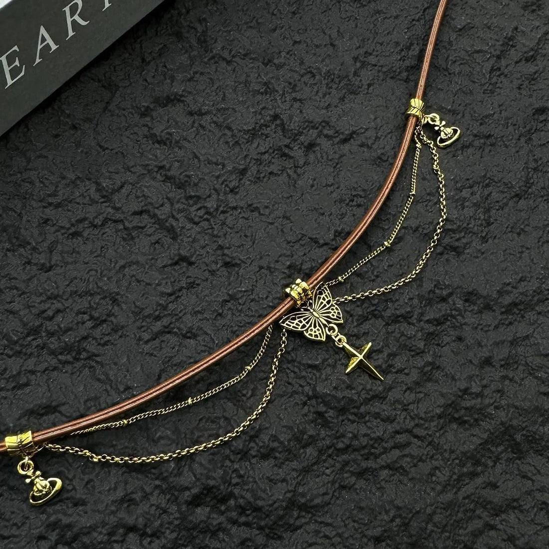 Accessories Brown Leather Butterfly Lariat Choker Necklace