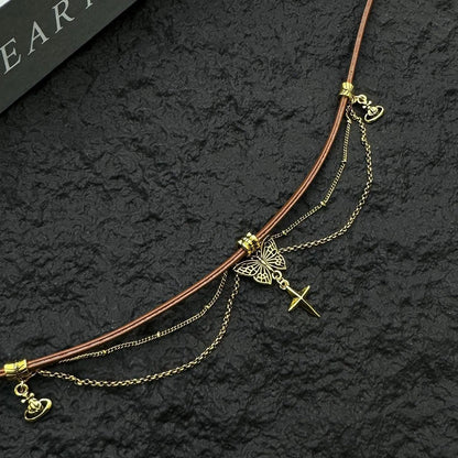 Accessories Brown Leather Butterfly Lariat Choker Necklace