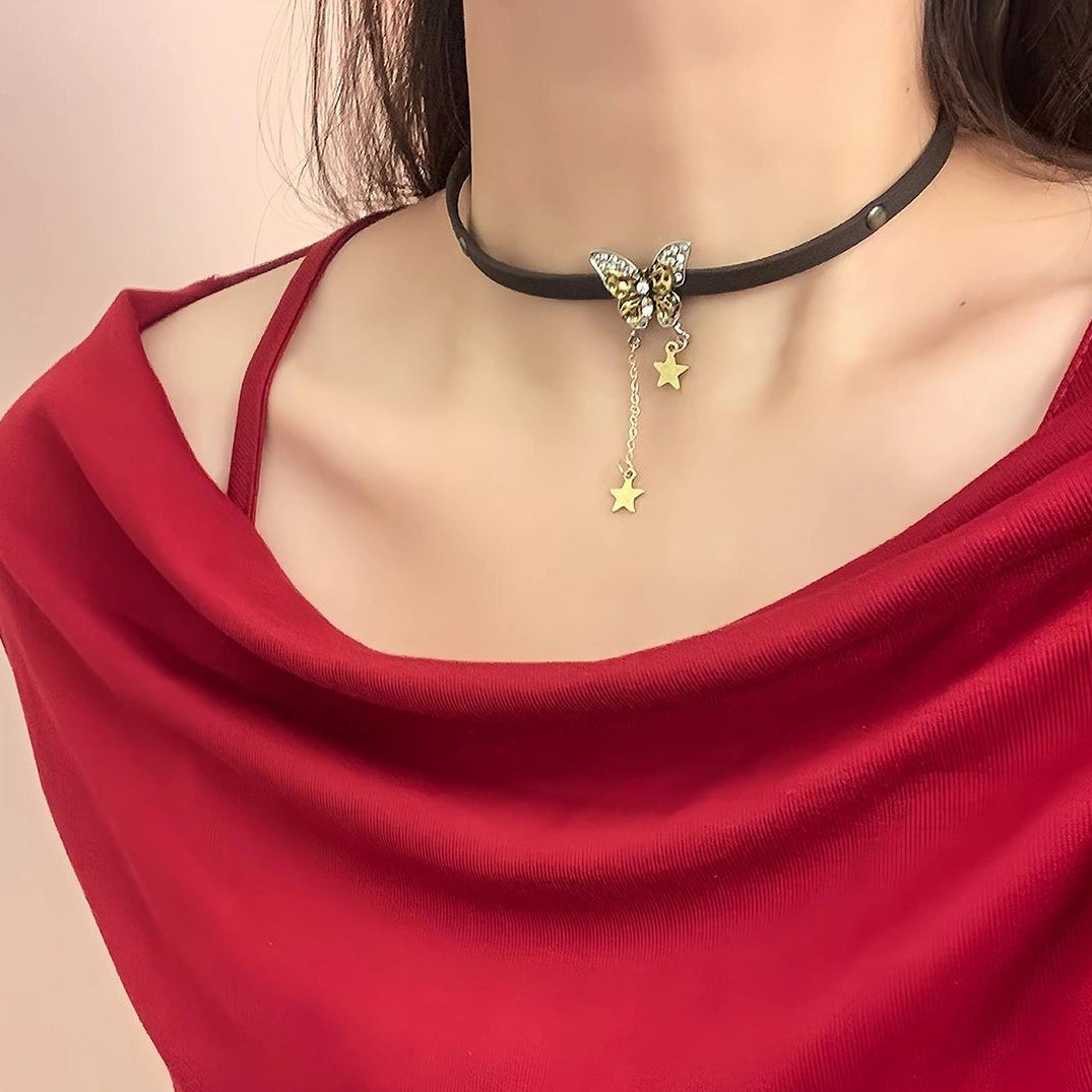 Accessories Brown Leather Butterfly Star Choker Necklace