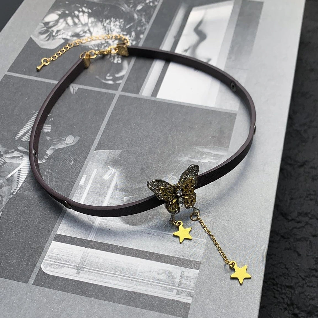Accessories Brown Leather Butterfly Star Choker Necklace