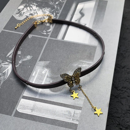 Accessories Brown Leather Butterfly Star Choker Necklace