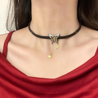 Accessories Brown Leather Butterfly Star Choker Necklace