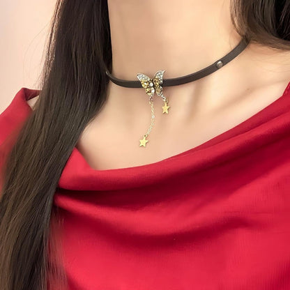 Accessories Brown Leather Butterfly Star Choker Necklace