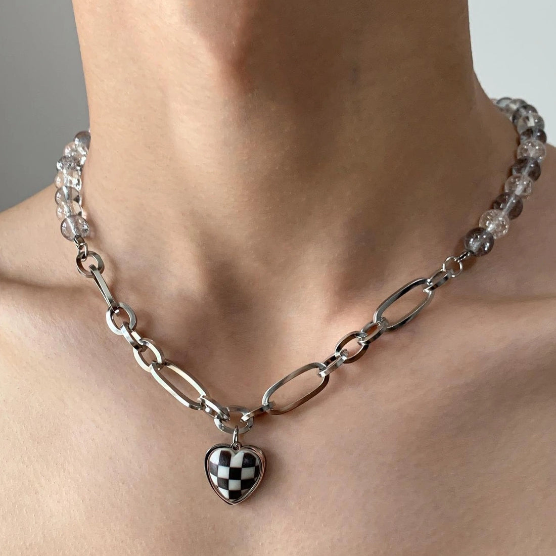 Accessories Checkerboard Heart Pendant Beaded Necklace