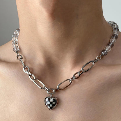 Accessories Checkerboard Heart Pendant Beaded Necklace