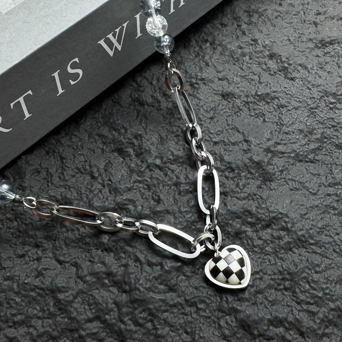 Accessories Checkerboard Heart Pendant Beaded Necklace