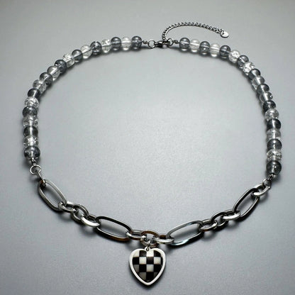 Accessories Checkerboard Heart Pendant Beaded Necklace