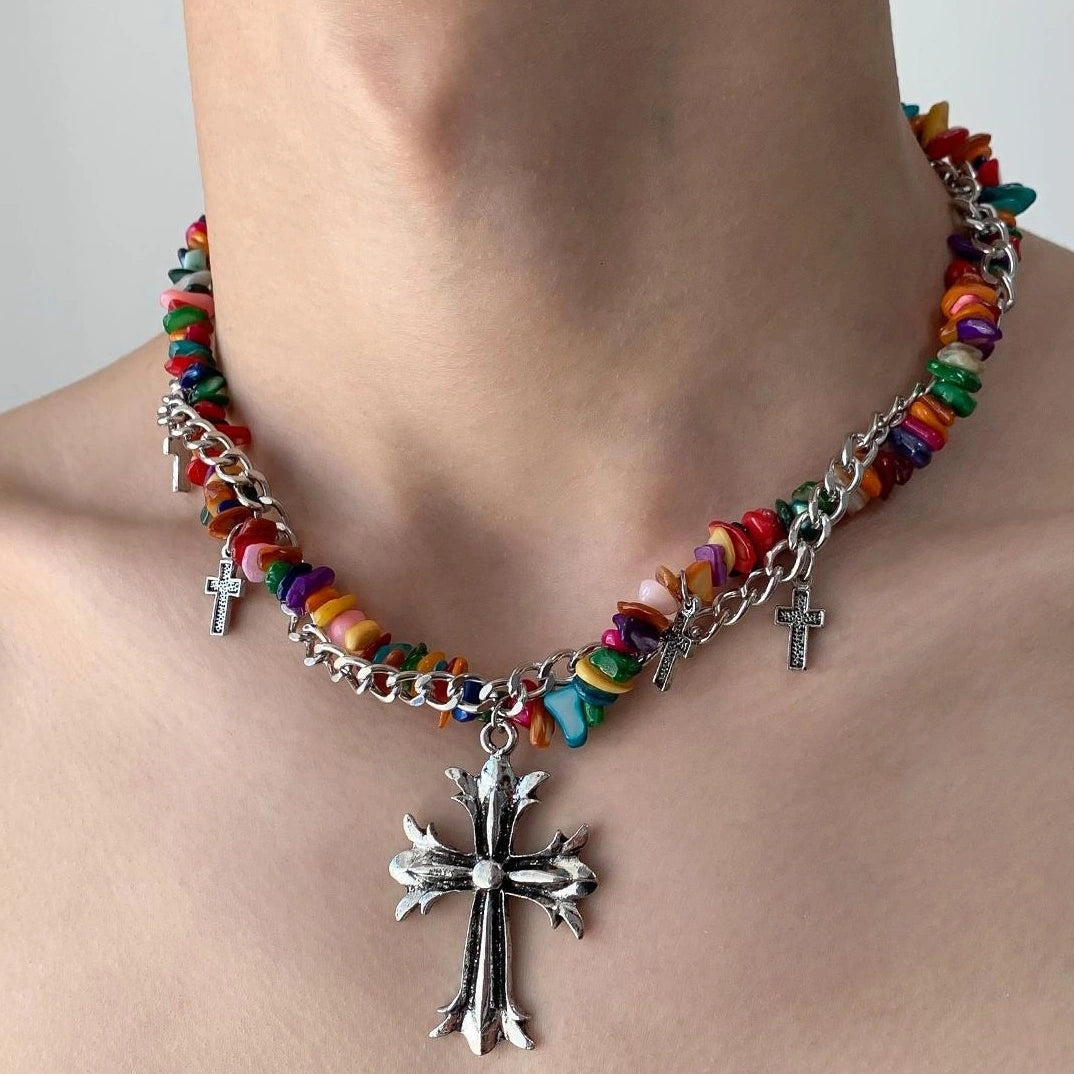 Accessories Colorful Irregular Gravel Chain Cross Necklace
