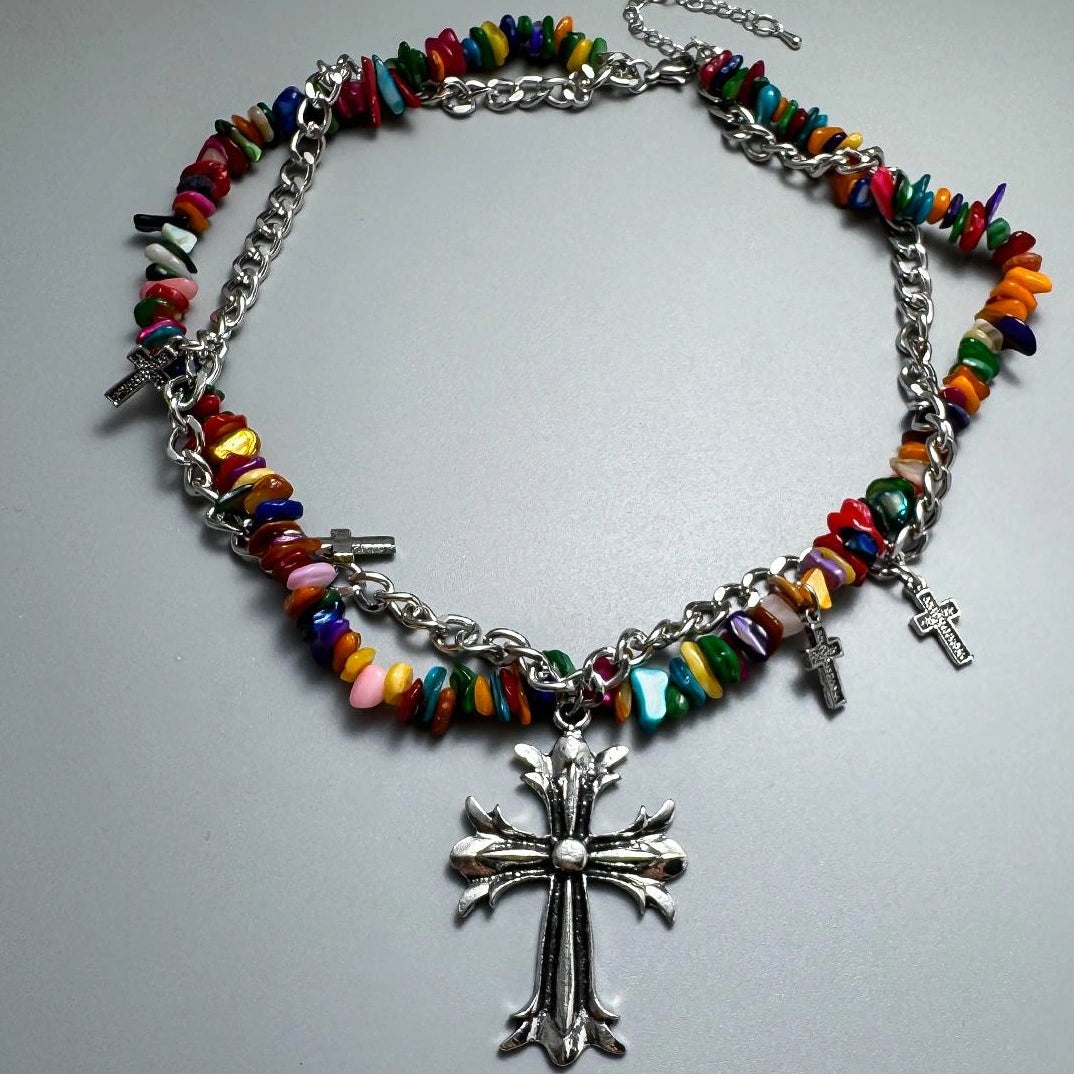 Accessories Colorful Irregular Gravel Chain Cross Necklace