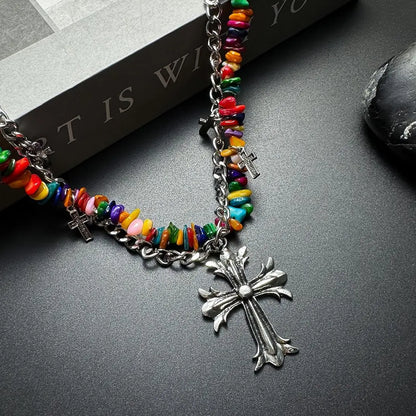 Accessories Colorful Irregular Gravel Chain Cross Necklace