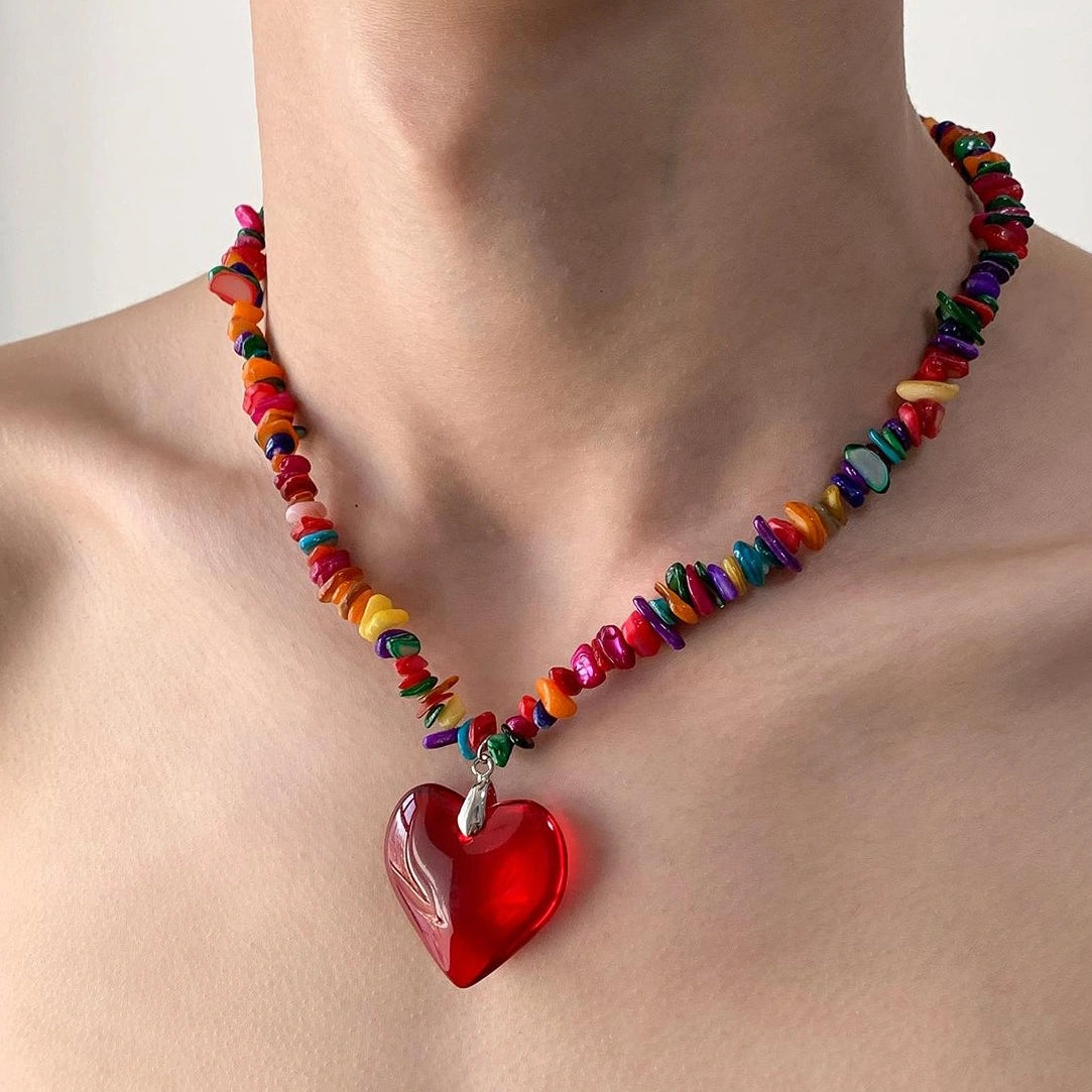 Accessories Colorful Stone Dopamine Red Heart Pendant Necklace