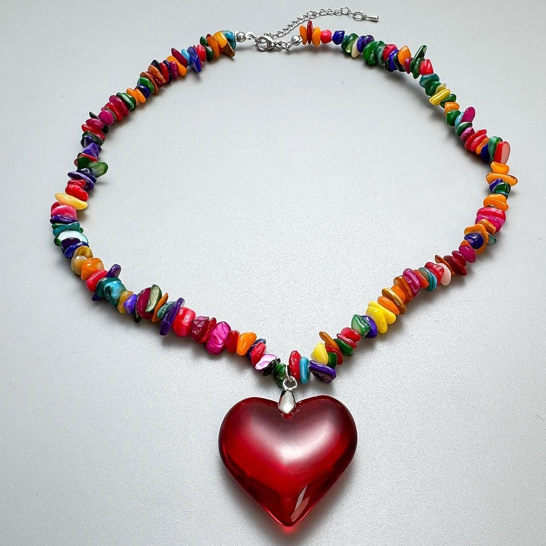Accessories Colorful Stone Dopamine Red Heart Pendant Necklace