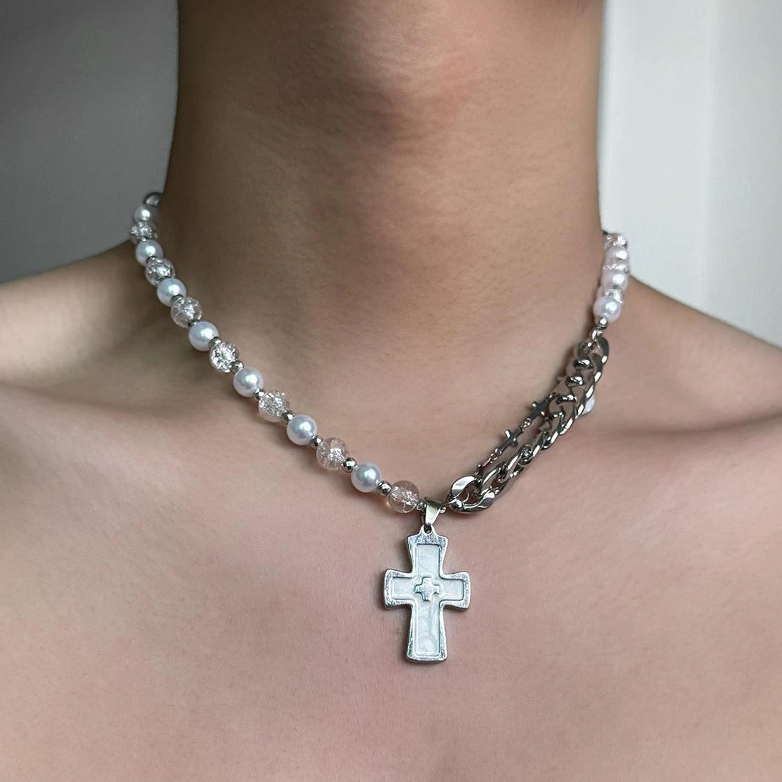 Accessories Cross Pearl Choker Necklace Y2k Punk Gothic Collarbone Chain