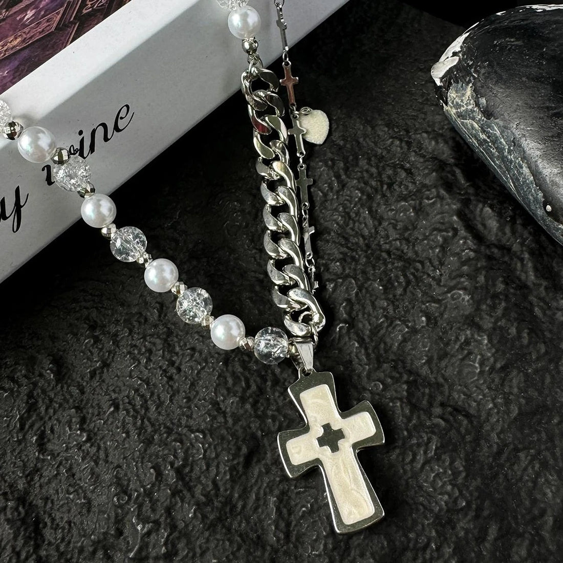 Accessories Cross Pearl Choker Necklace Y2k Punk Gothic Collarbone Chain