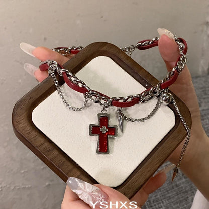 Accessories Cross Rivet Lace Choker With Y2K Fringe