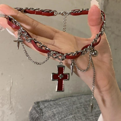 Accessories Cross Rivet Lace Choker With Y2K Fringe