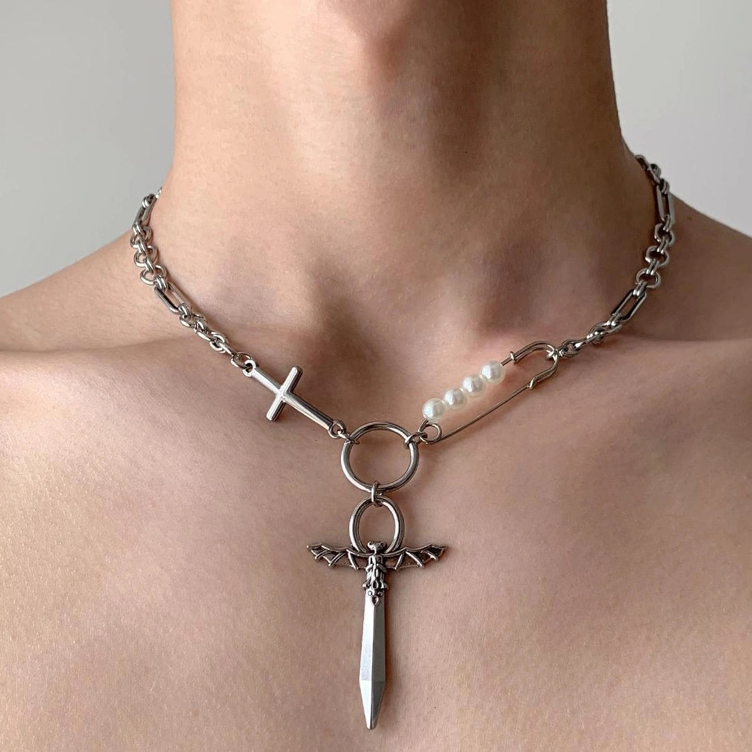 Accessories Cross Sword Pearl Pendant Punk Collar Necklace