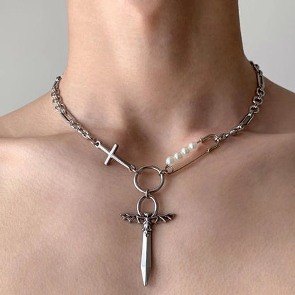 Accessories Cross Sword Pearl Pendant Punk Collar Necklace