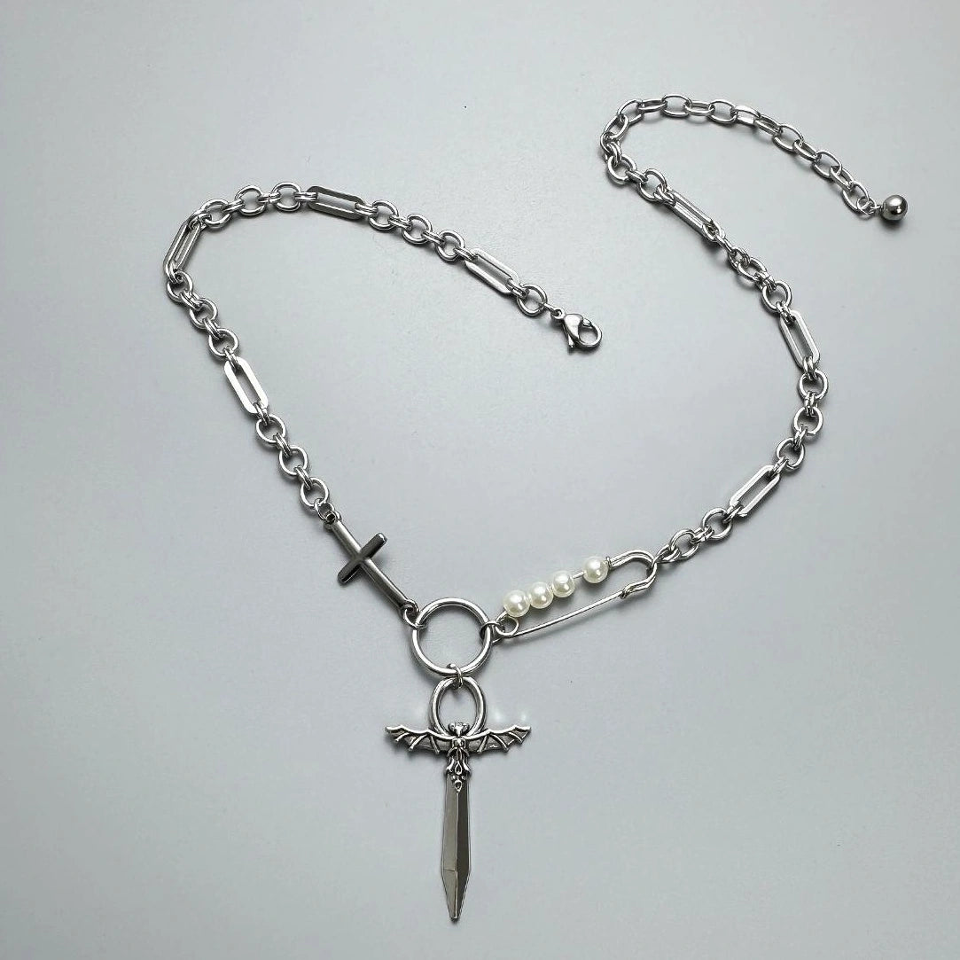 Accessories Cross Sword Pearl Pendant Punk Collar Necklace