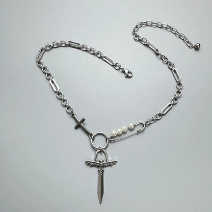 Accessories Cross Sword Pearl Pendant Punk Collar Necklace