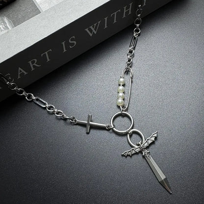 Accessories Cross Sword Pearl Pendant Punk Collar Necklace