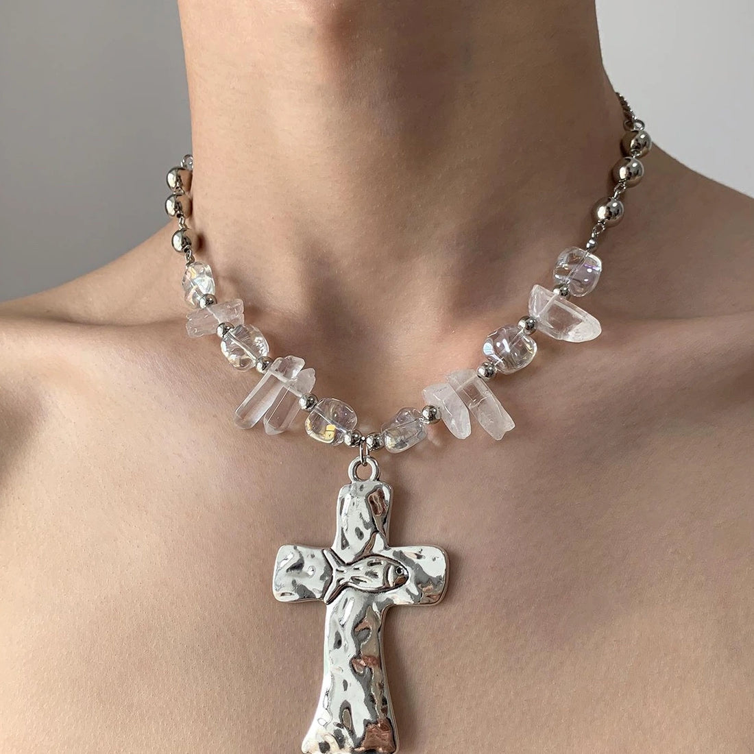 Accessories Crystal Beaded Cross Choker Necklace