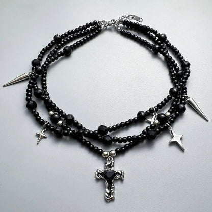 Accessories Crystal Cross Multi Layer Fringe Choker Necklace