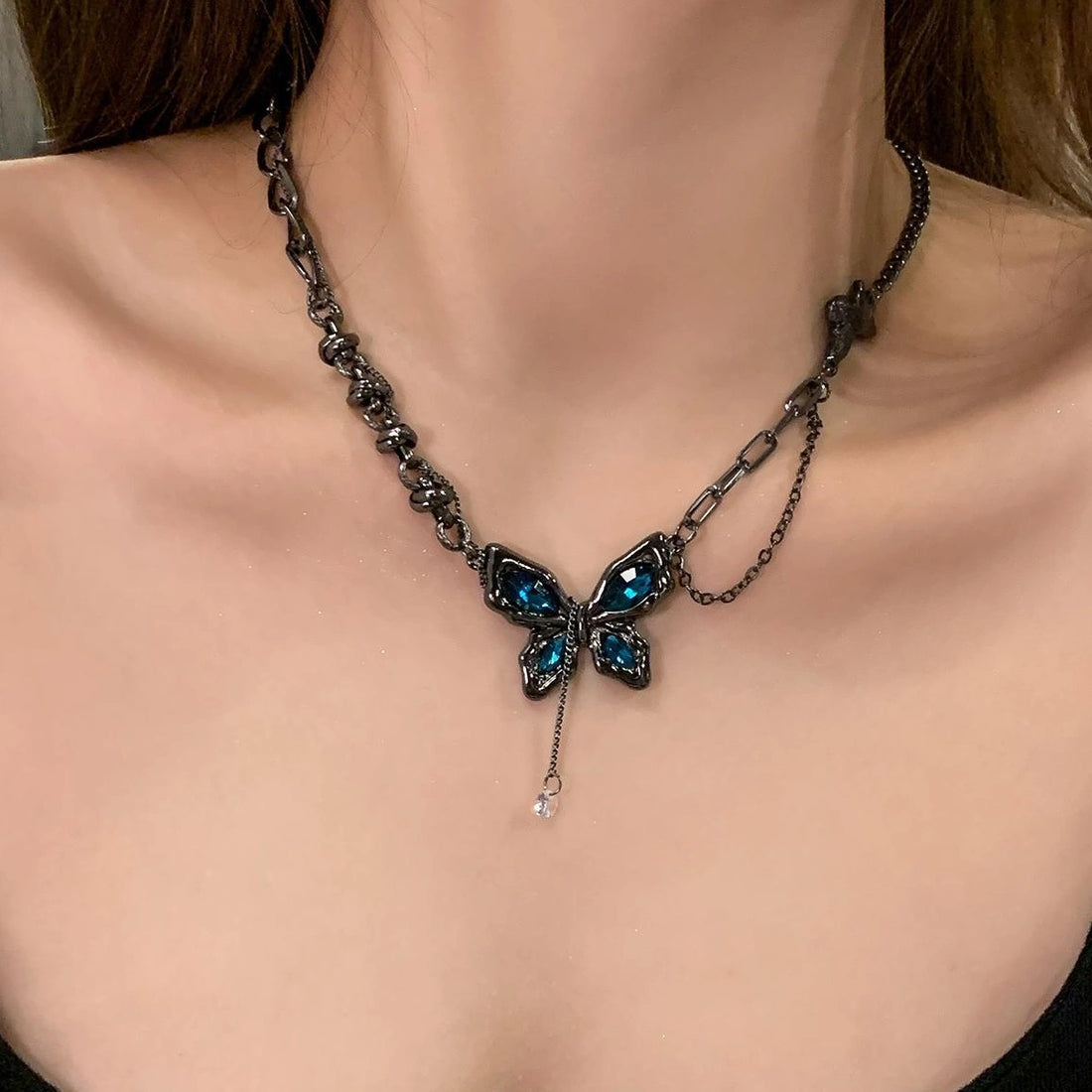 Accessories Dark Blue Zircon Butterfly Pendant Necklace