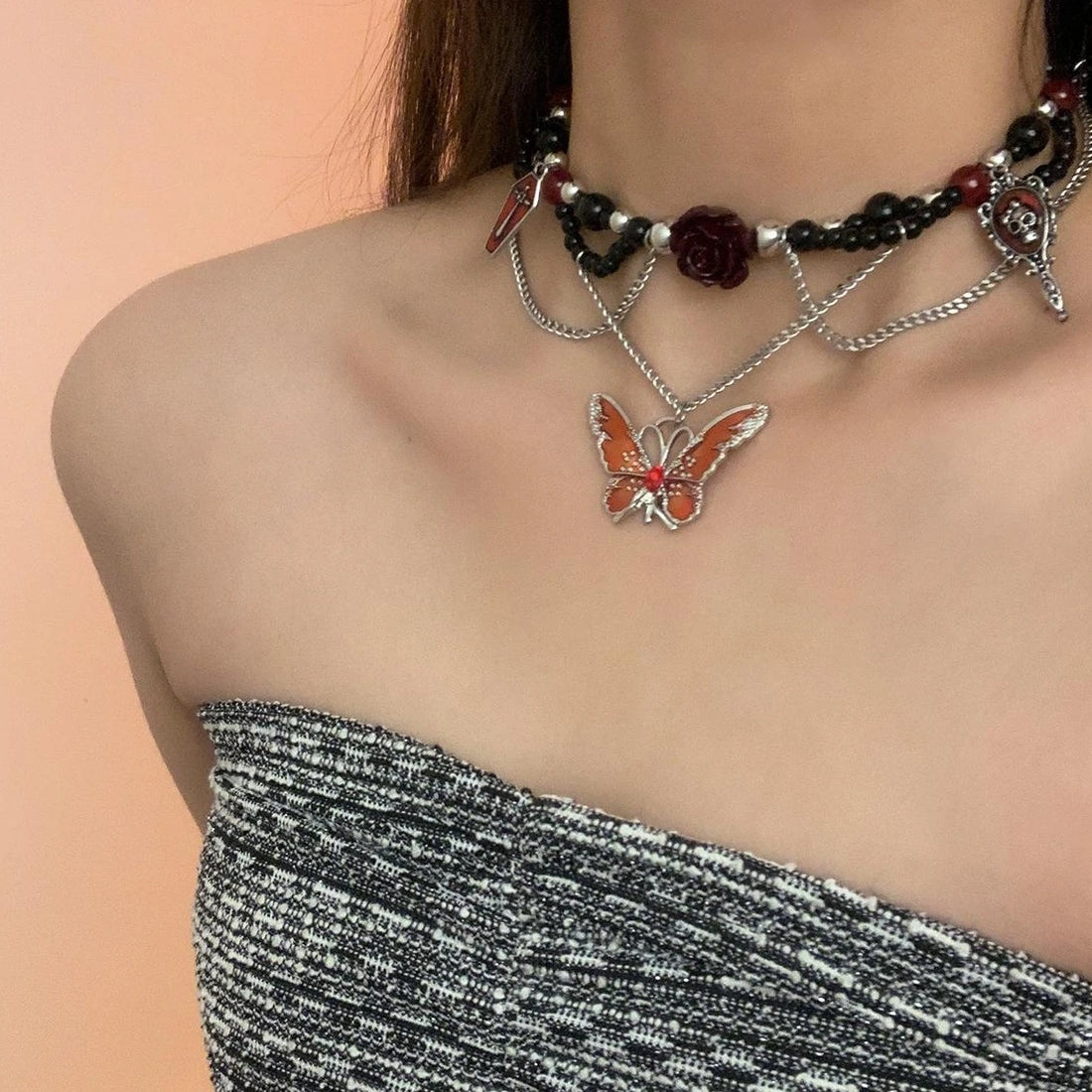 Accessories Dark Butterfly Floral Beaded Gothic Choker Necklace