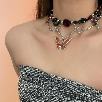 Accessories Dark Butterfly Floral Beaded Gothic Choker Necklace