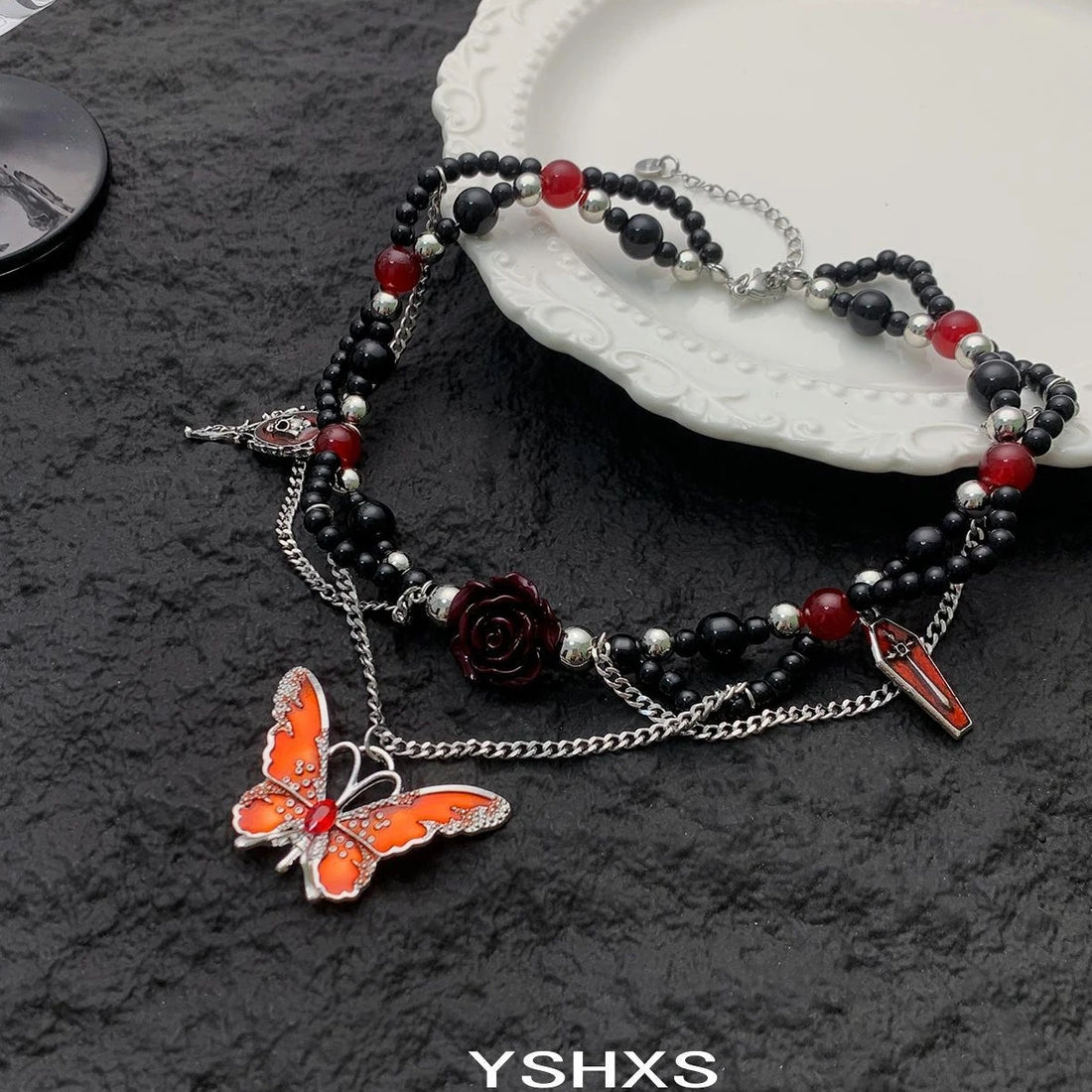 Accessories Dark Butterfly Floral Beaded Gothic Choker Necklace