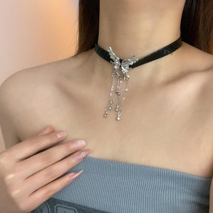 Accessories Dark Butterfly Fringe Leather Choker Necklace