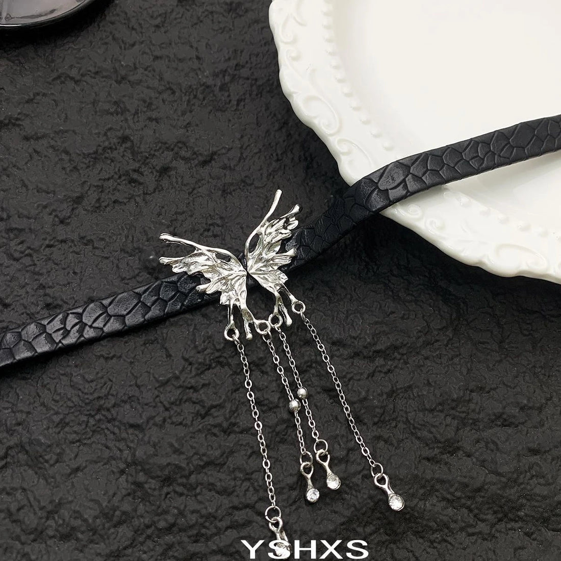 Accessories Dark Butterfly Fringe Leather Choker Necklace