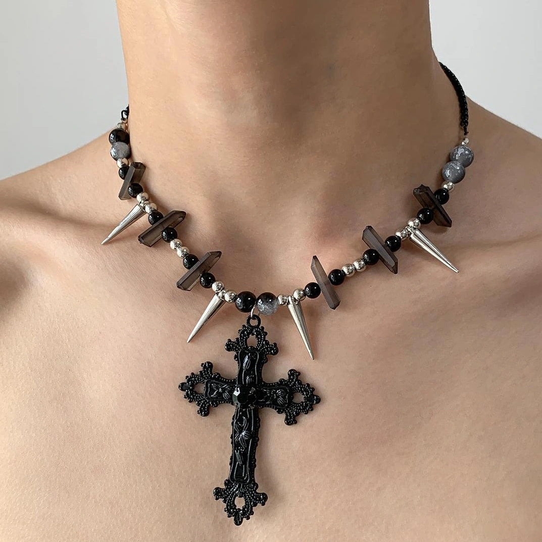 Accessories Dark Cross Punk Rivet Layered Necklace