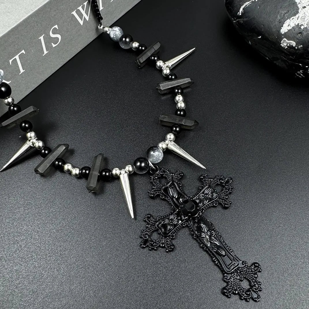 Accessories Dark Cross Punk Rivet Layered Necklace