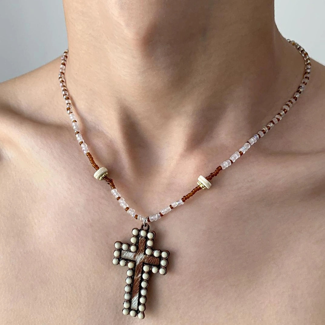 Accessories Dark Crystal Cross Beaded Necklace