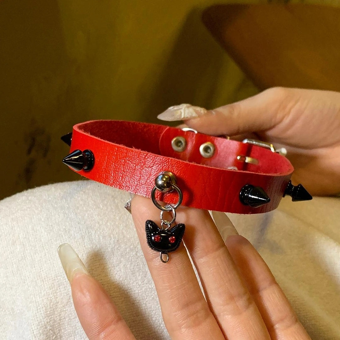 Accessories Dark Red Studded Kitten Choker