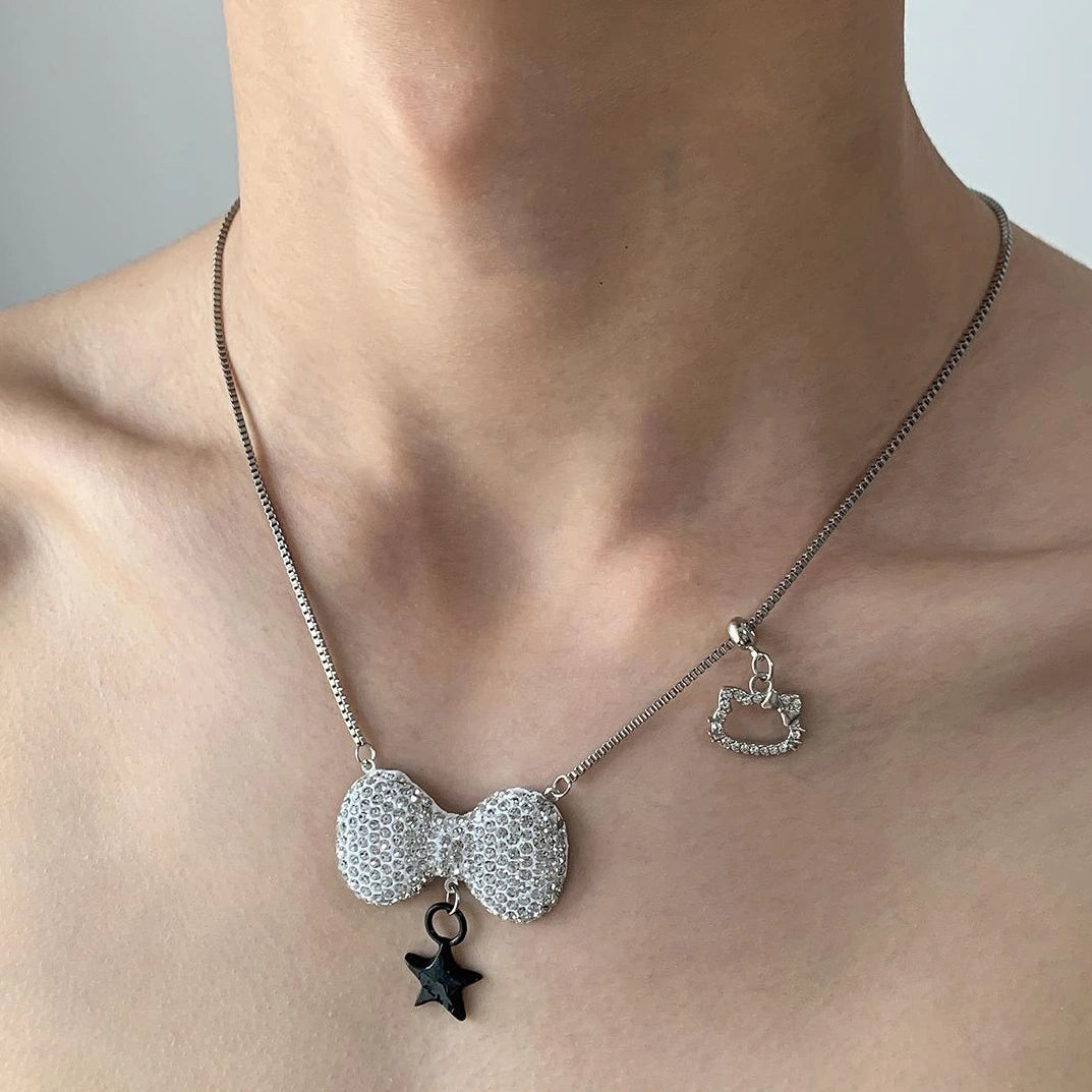 Accessories Delicate Star Pendant Necklace With Bow And Cat Charm